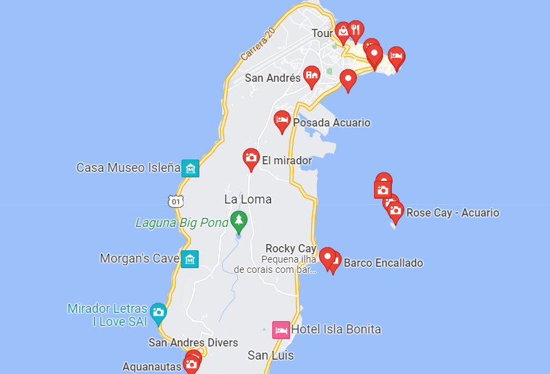 Mapa da ilha de El Acuário em San Andrés