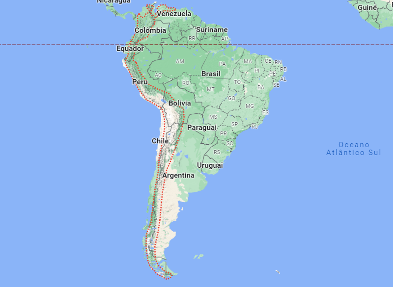 Traços vermelhos mostram os países da Cordilheira dos Andes