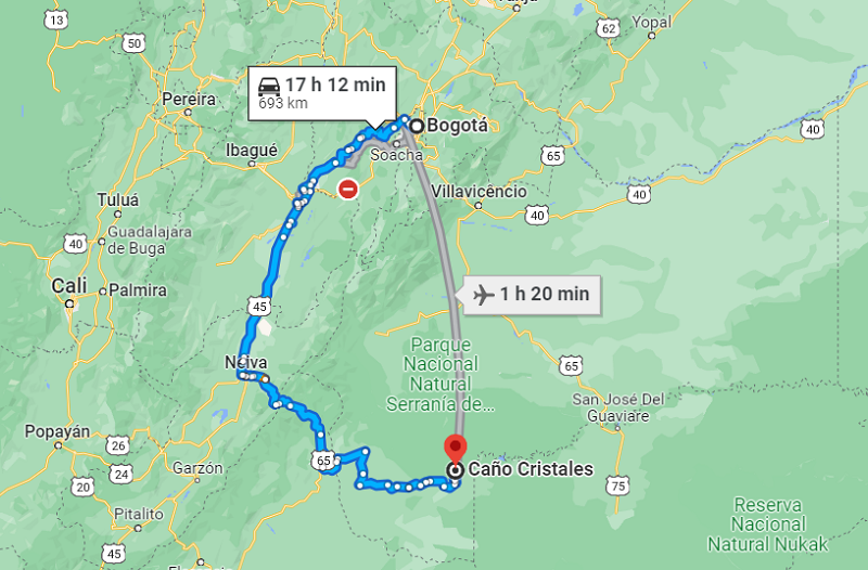 Mapa de Bogotá até o Caño Cristales
