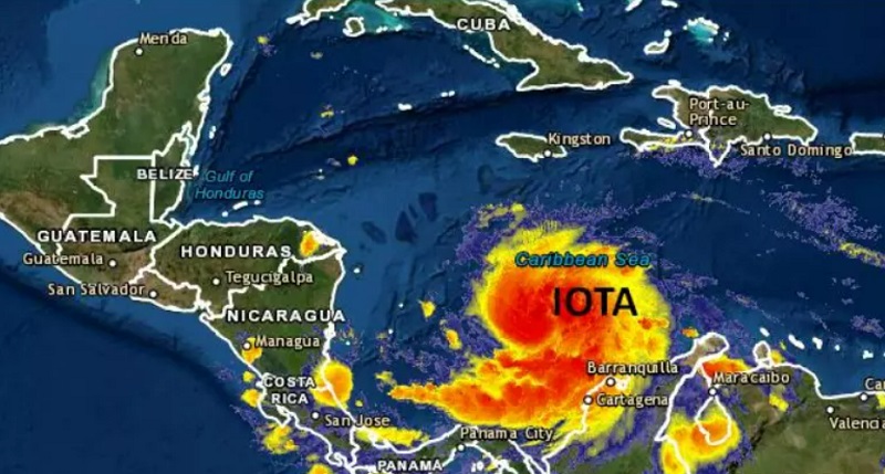 Mapa das áreas atingidas pelo furacão Iota na Colômbia