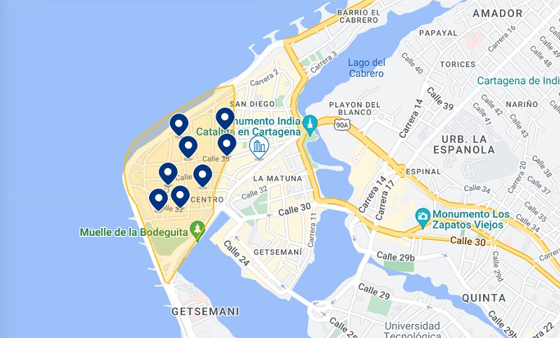 Mapa da melhor região para ficar em Cartagena 