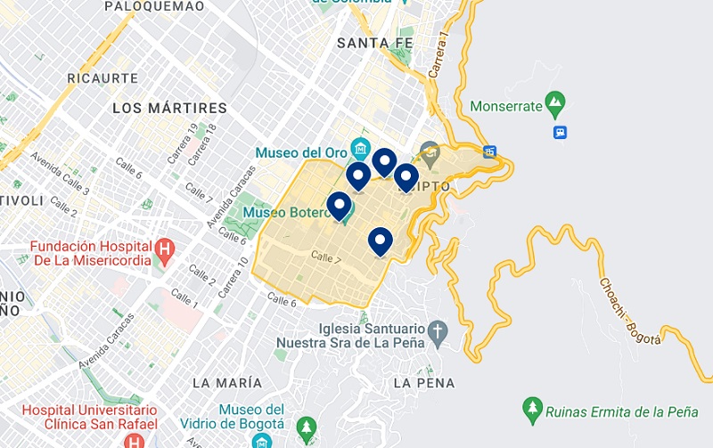 Mapa dos melhores hotéis de La Candelaria em Bogotá