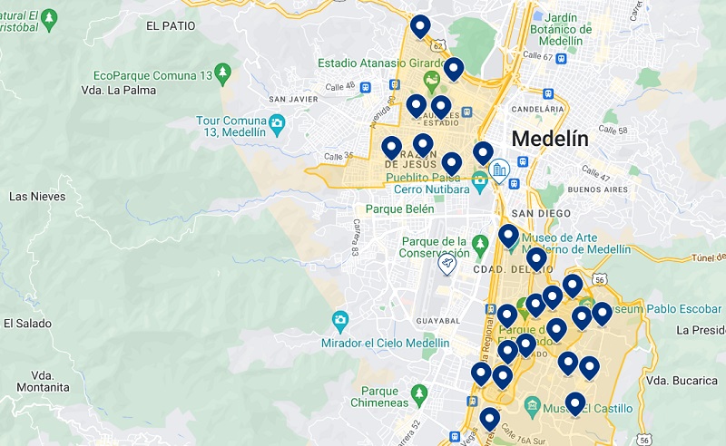 Mapa dos melhores hotéis nos bairros El Poblado e Laureles