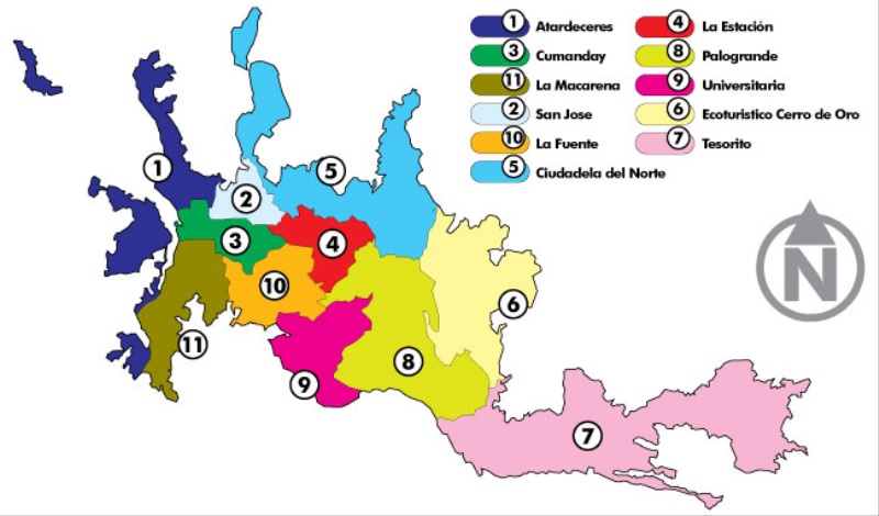 Mapa das comunas em Manizales