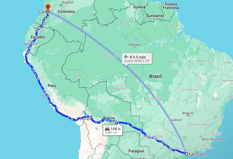Mapa de São Paulo até Cali