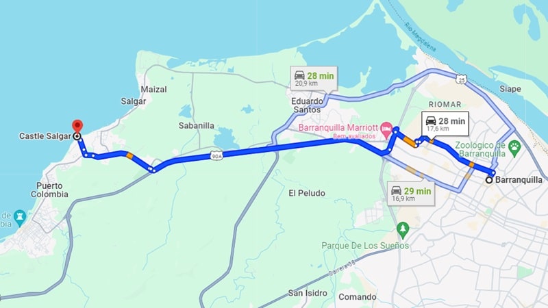 Mapa de Barranquilla até o Castillo de San Antonio de Salgar